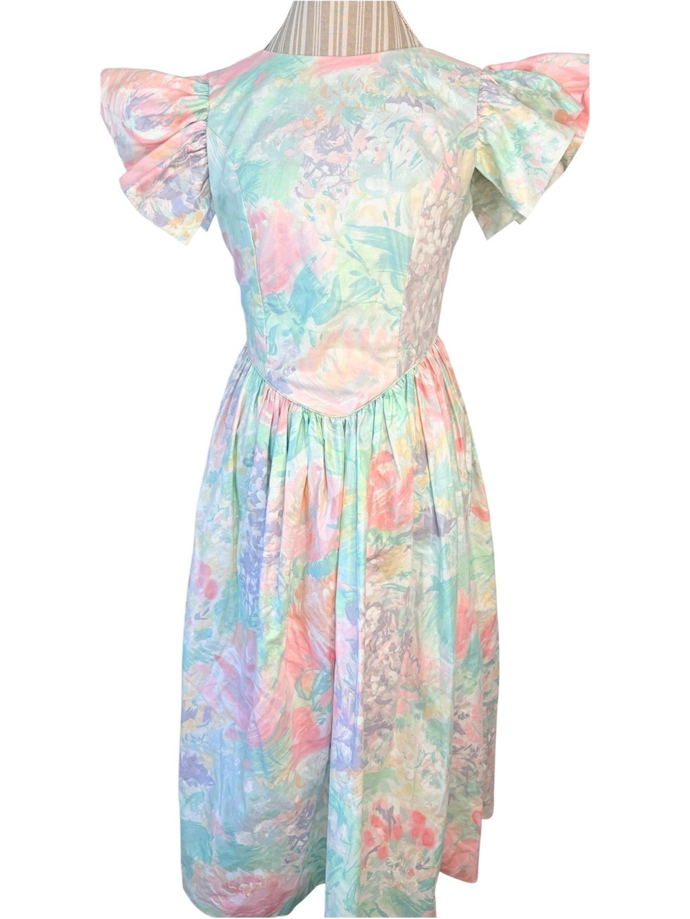 80's JCPenney Pastel Floral Chintz Puff Sleeve Drop Waist Tea Dress Size 8